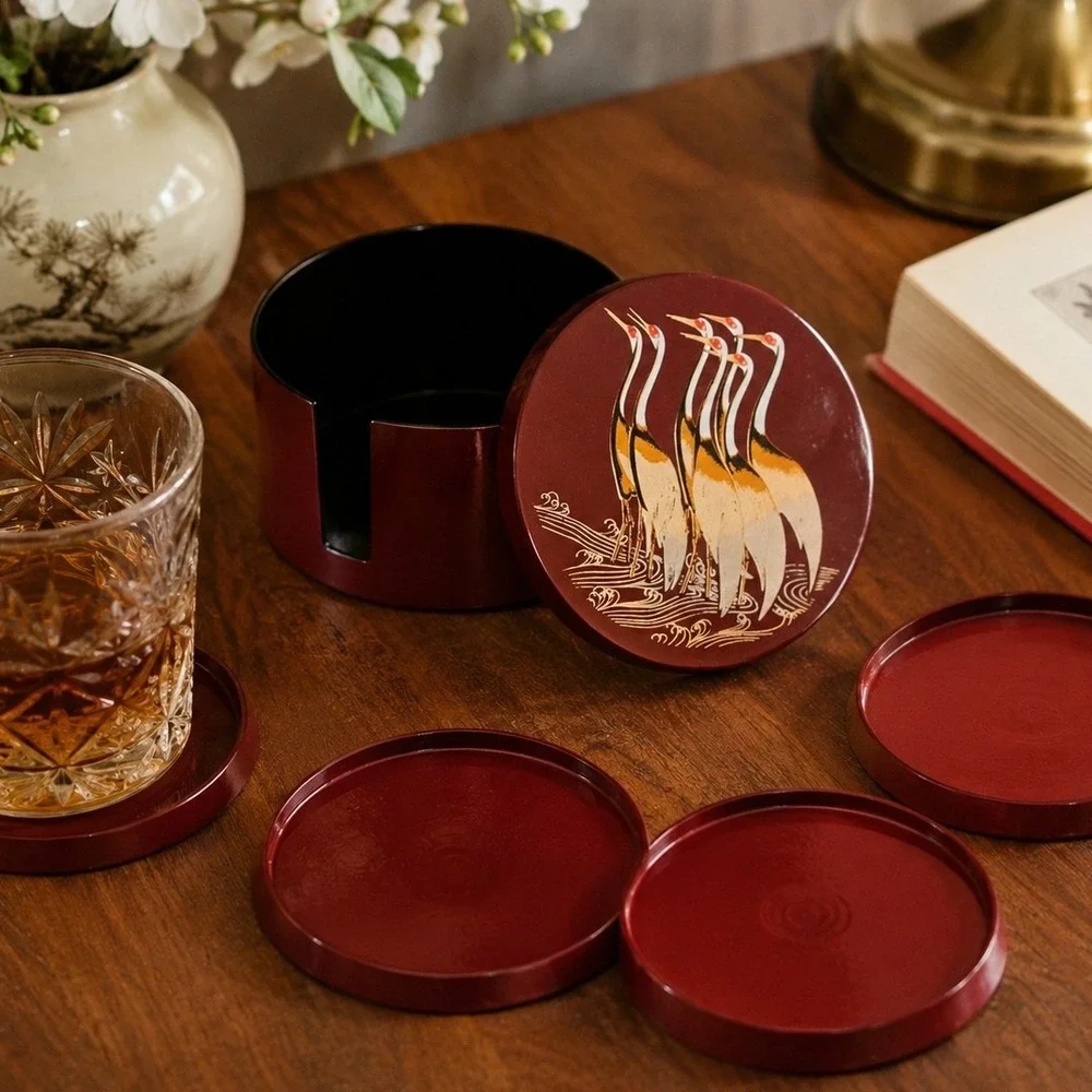 Vintage Japanese Lacquer Ware Crane‎ Coaster Set 6 Made in Japan